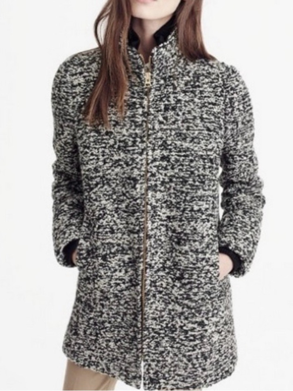 J. CREW ITALIAN WOOL BLACK WHITE VARIEGATED ZIP FRONT MOCK NECK LODGE COAT SZ 6